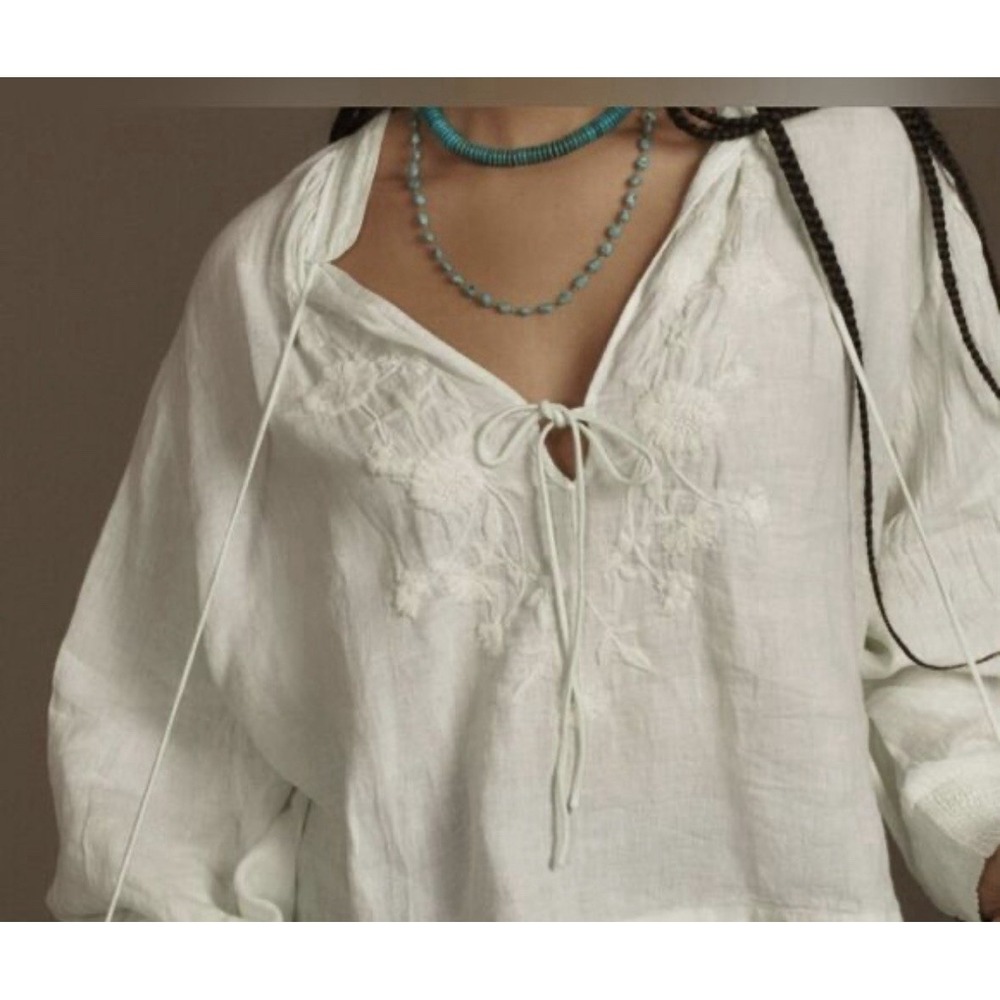 Anthropologie Linen Floral Embroidered Blouse M Mint Lime Green Balloon Sleeve
